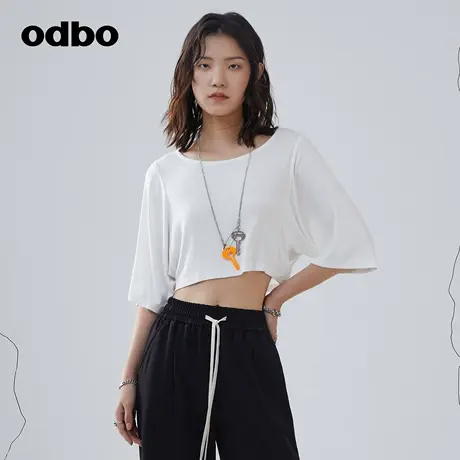 odbo/欧迪比欧原创设计蝙蝠袖白色t恤女夏季新款短款辣妹上衣商品大图