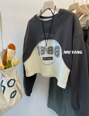 日常随意酷美穿搭韩国假两件显瘦字母圆领宽松长袖卫衣女春秋薄款商品大图