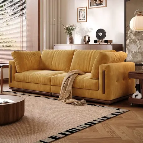 顾家家居实木白蜡木实木中古风2025新款小户型客厅灯芯绒直排沙发商品大图