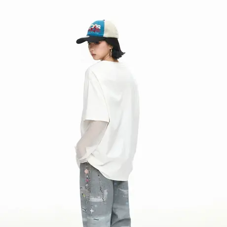 美式潮牌网纱拼接假两件设计长袖T恤女秋季新款宽松显瘦套头上衣商品大图