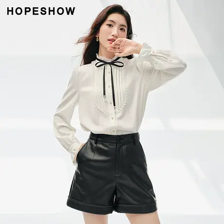 红袖outlets蕾丝边立领雪纺衬衫hopeshow2023冬款泡泡袖小上衣女商品大图