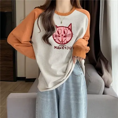 设计感小众无帽圆领卫衣女2023春秋新款百搭宽松薄款插肩袖上衣潮商品大图