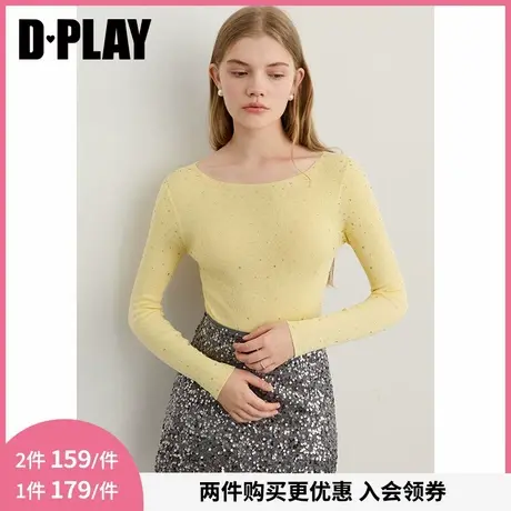 DPLAY2025年秋季新款黄色针织衫女独特烫钻正肩修身上衣打底衫图片