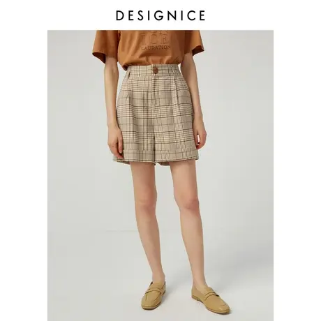 商场同款迪赛尼斯春秋新款薄款阔腿垂感高腰格纹休闲短裤女士图片