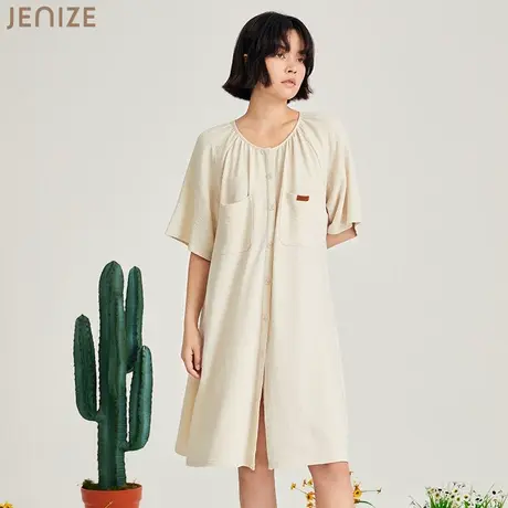 秋鹿旗下子品牌【jenize】睡衣睡裙棉格皱布插肩五分袖女裙可外穿商品大图