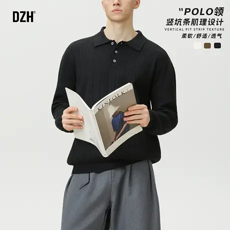 男士纯色翻领POLO衫男肌理感老钱风2025新款秋季打底衫长袖针织衫商品大图