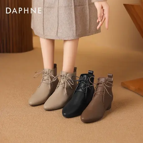 达芙妮尖头小短靴女2026新款秋冬粗跟马丁靴系带踝靴平底妈妈靴子图片