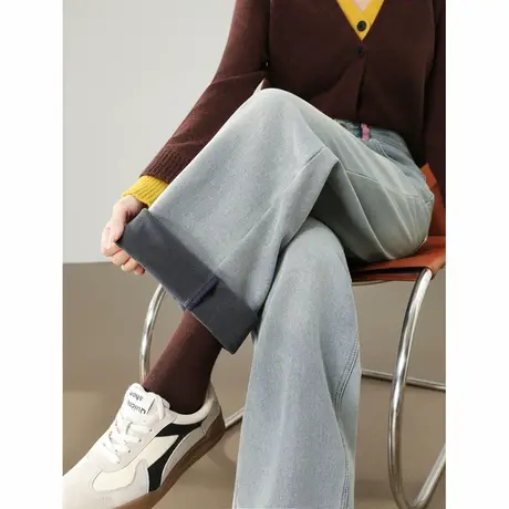 唐狮秋冬季牛仔长裤女刺绣加绒浅色牛仔裤阔腿裤加绒保暖TUTA图片