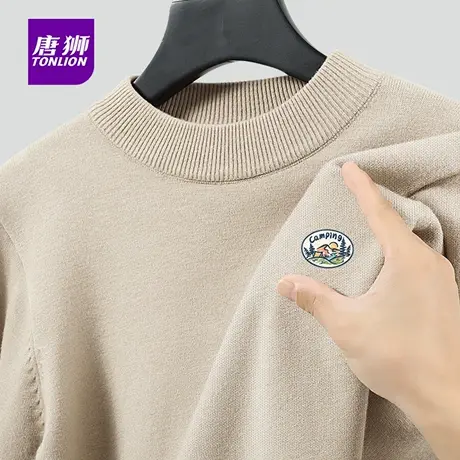 唐狮官方杏色重磅毛衣男冬季保暖半高领青少年潮牌慵懒风针织衫YB图片