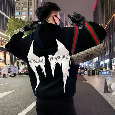 美式嘻哈街头ins高级感翅膀印花连帽卫衣男秋季机车休闲外套上衣商品大图