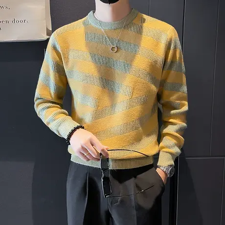 毛衣潮牌秋冬季不规则条纹拼接高级感修身韩版小众套头内搭针织衫商品大图