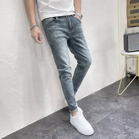 2023秋冬新款水洗蓝色做旧牛仔裤男士潮流长裤猫须刮烂修身小脚裤商品大图