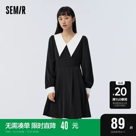 森马连衣裙女撞色尖领百褶裙法式优雅温柔早春赫本风泡泡袖气质图片