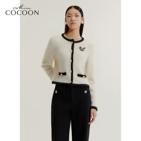 COCOON商场同款2023秋冬新款小香风马海毛黑白拼接针织开衫女商品大图