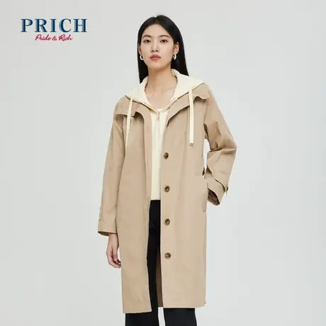 【商场同款】PRICH23春秋新款收腰单排扣连帽假两件长款风衣外套图片