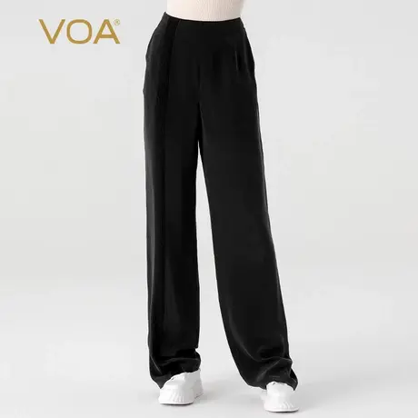 VOA30姆米重磅桑蚕丝墨黑色自然腰拼接提花工字褶口袋真丝直筒裤商品大图