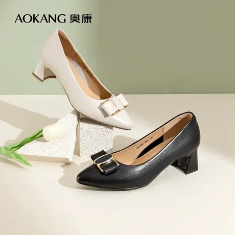 奥康女鞋 春季气质气质尖头粗高跟单鞋套脚蝴蝶结女士优雅潮图片