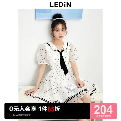 乐町海军风波点网纱公主裙2023年夏季新款泡泡袖小翻领收腰连衣裙商品大图