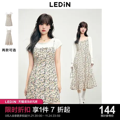乐町两件套吊带裙2023夏季新款连衣裙女装碎花裙森系清新短袖裙商品大图