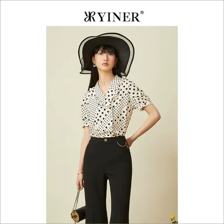 YINER音儿专柜女装2022夏季新款撞色波点木耳边真丝衬衫商品大图
