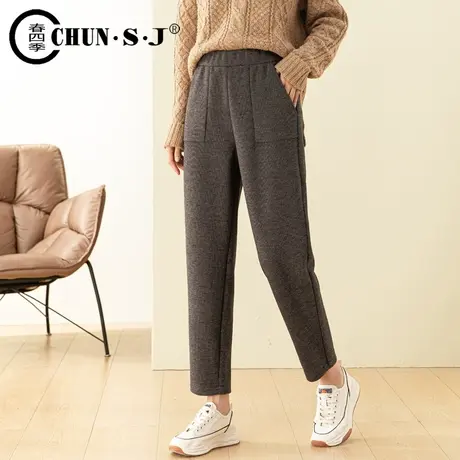 【5折清仓】咖色毛呢裤子女秋冬2023新款哈伦九分休闲松紧腰女裤商品大图