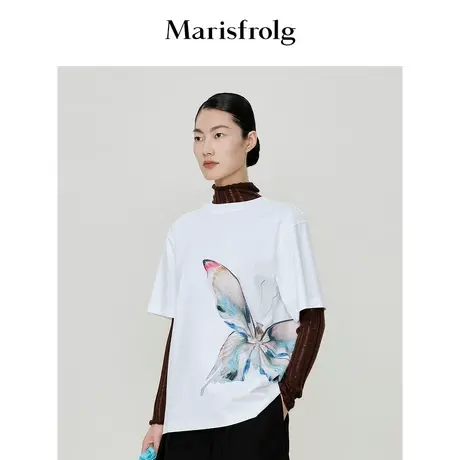 【艺术家联名】玛丝菲尔2023年夏季新款白色时尚蝴蝶印花短袖T恤商品大图
