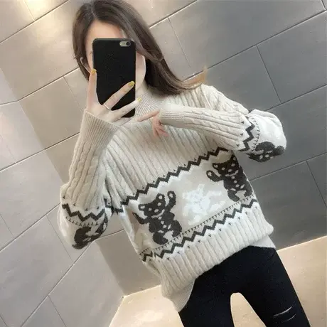 2021秋冬新款韩版女装宽松圆领毛衣女针织衫小熊提花打底毛衣女潮商品大图