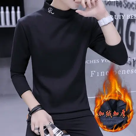 男士半高领毛衣男冬季加厚加绒打底衫韩版潮流个性保暖修身针织衫商品大图