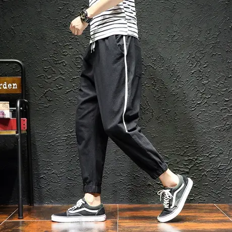 夏季裤子亚麻休闲裤男九分哈伦裤宽松运动裤大码胖子束脚裤棉麻裤商品大图