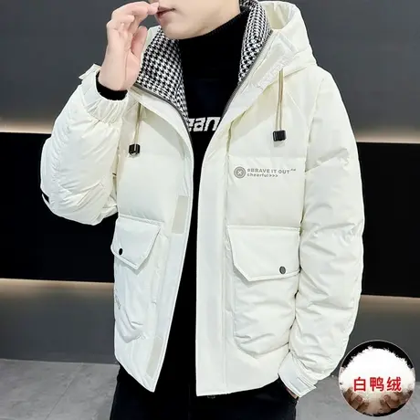 假两件羽绒服男士冬季潮牌帅气鸭绒外套短款连帽加厚防寒保暖冬装图片