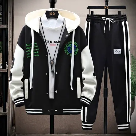 开衫卫衣套装男士春秋新款连帽棒球服外套青少年学生帅气搭配一套商品大图