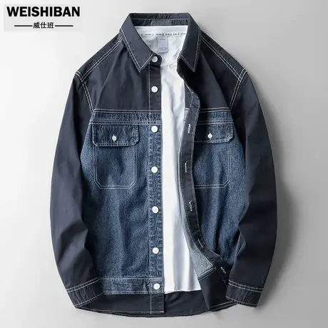 潮牌春秋季牛仔衬衫男翻领拼接工装长袖外套宽松衬衣男士拼接上衣商品大图