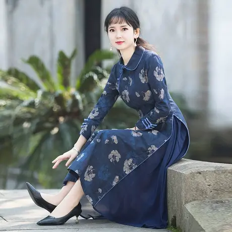 筠雅奥黛旗袍女秋季年轻款气质高端中国风改良连衣裙中年妈妈裙子图片