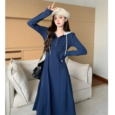 大码蓝色长袖连帽卫衣连衣裙早春季胖mm设计感收腰长裙200斤ins潮商品大图