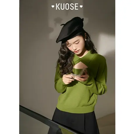 阔色设计感假两件绿色毛衣女2022新款秋冬小个子打底针织上衣图片