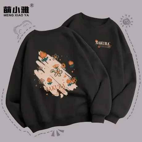 秋季圆领卫衣女2023年春秋新款不带帽黑色上衣宽松薄款设计感外套商品大图