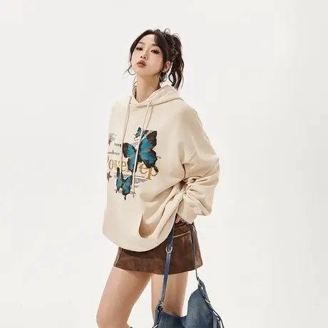 YEP美式复古蝴蝶杏色连帽卫衣女春秋潮宽松上衣外套oversize情侣商品大图