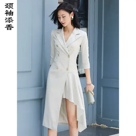 颈袖添香2022春秋冬新款女士时尚修身韩版外套双排扣风衣女中长款商品大图