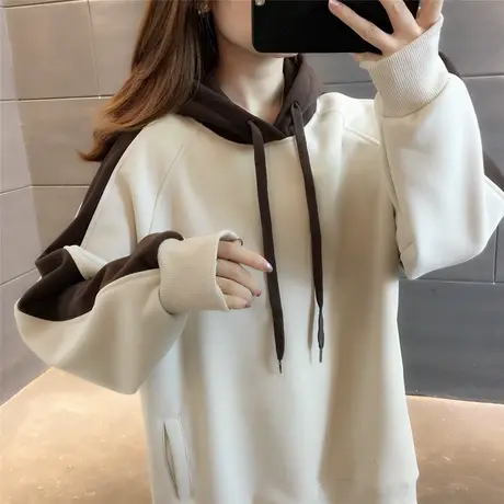秋季2023新款韩系高级感撞色拼接慵懒风宽松连帽套头休闲卫衣女装图片
