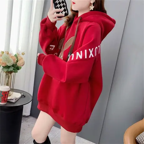 本命年红色兔子加绒加厚卫衣女2023年新款秋冬宽松中长款洋气外套商品大图