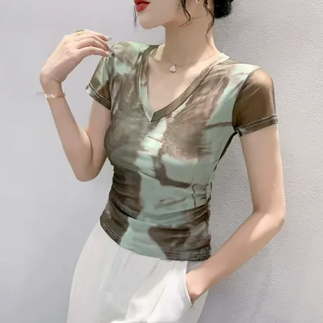 夏装新款时尚网纱短袖T恤女扎染印花设计感上衣气质性感V领小衫潮商品大图