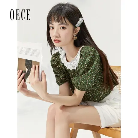 Oece复古小碎花上衣夏装新款女装法式蕾丝设计感泡泡短袖衬衫商品大图