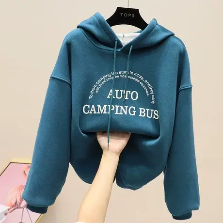 加绒连帽卫衣女2023年秋冬新款显瘦宽松韩版上衣字母印花外套潮图片
