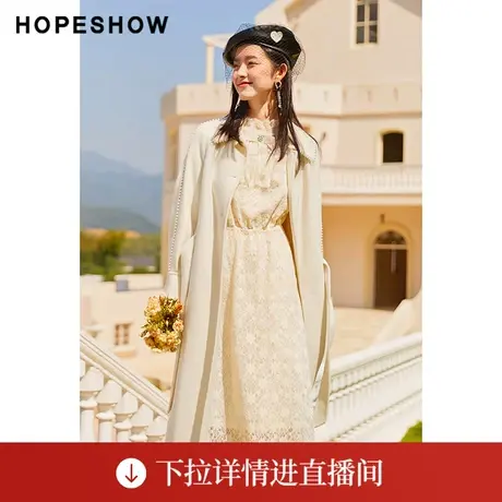 【直播专享】冬季系带珍珠织带翻领双面呢大衣90121380804红袖商品大图