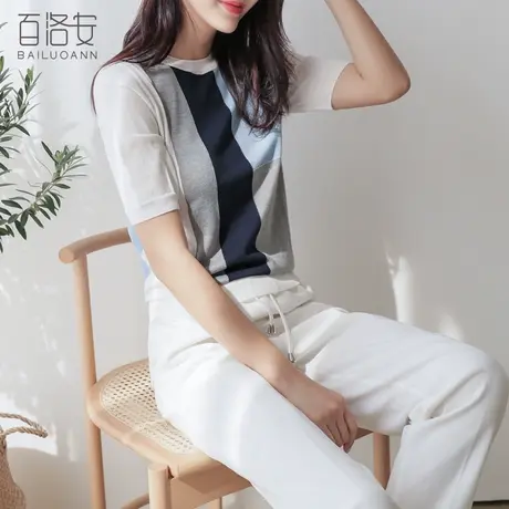 百洛安拼色短袖针织衫女夏装新款韩范宽松显瘦短款T恤衫天丝上衣图片