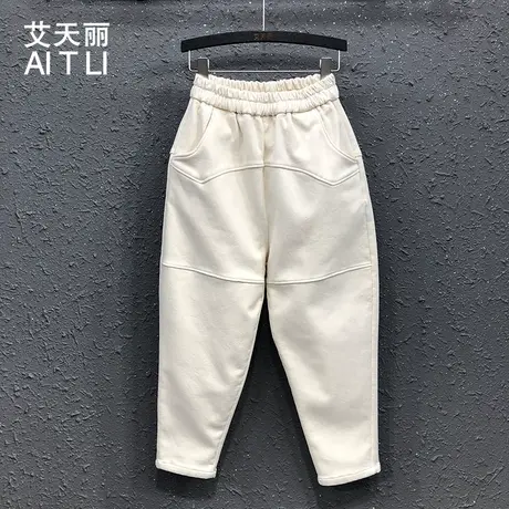 欧货大码加绒加厚保暖老爹裤冬季新款宽松高腰米白色牛仔哈伦裤女商品大图