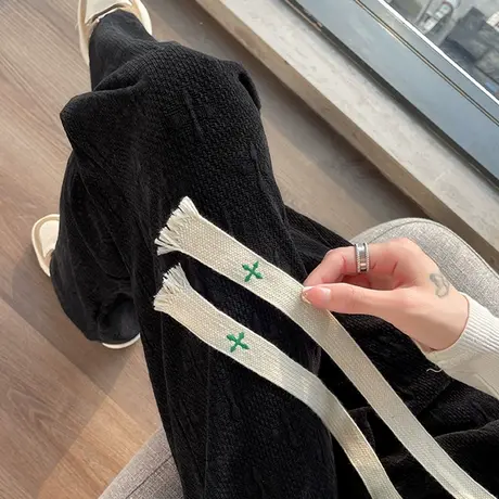 雪尼尔阔腿裤女秋冬新款高腰直筒宽松显瘦十字花架提花休闲条绒裤图片