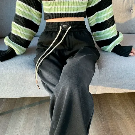 黑色窄版阔腿裤女秋冬新款小个子加绒加厚保暖高腰宽松休闲直筒裤商品大图