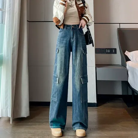 直筒牛仔裤女秋季2023年新款时髦宽松设计感复古显瘦高腰工装裤子商品大图