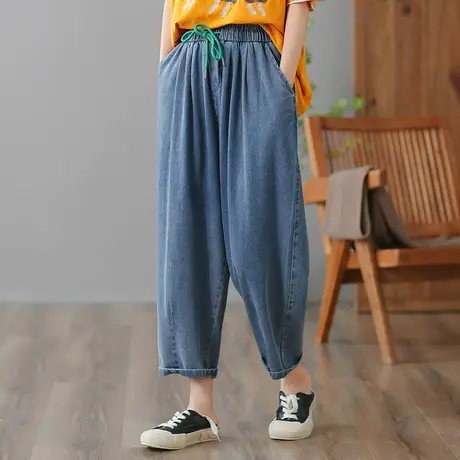 dza 高腰显瘦纯棉牛仔裤女2023夏季九分直筒阔腿裤宽松百搭哈伦裤图片